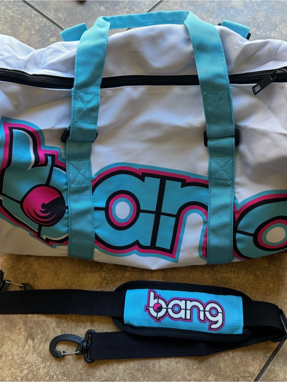 Bang Energy Teal and White Mini Duffel Bag with Shoulder Strap